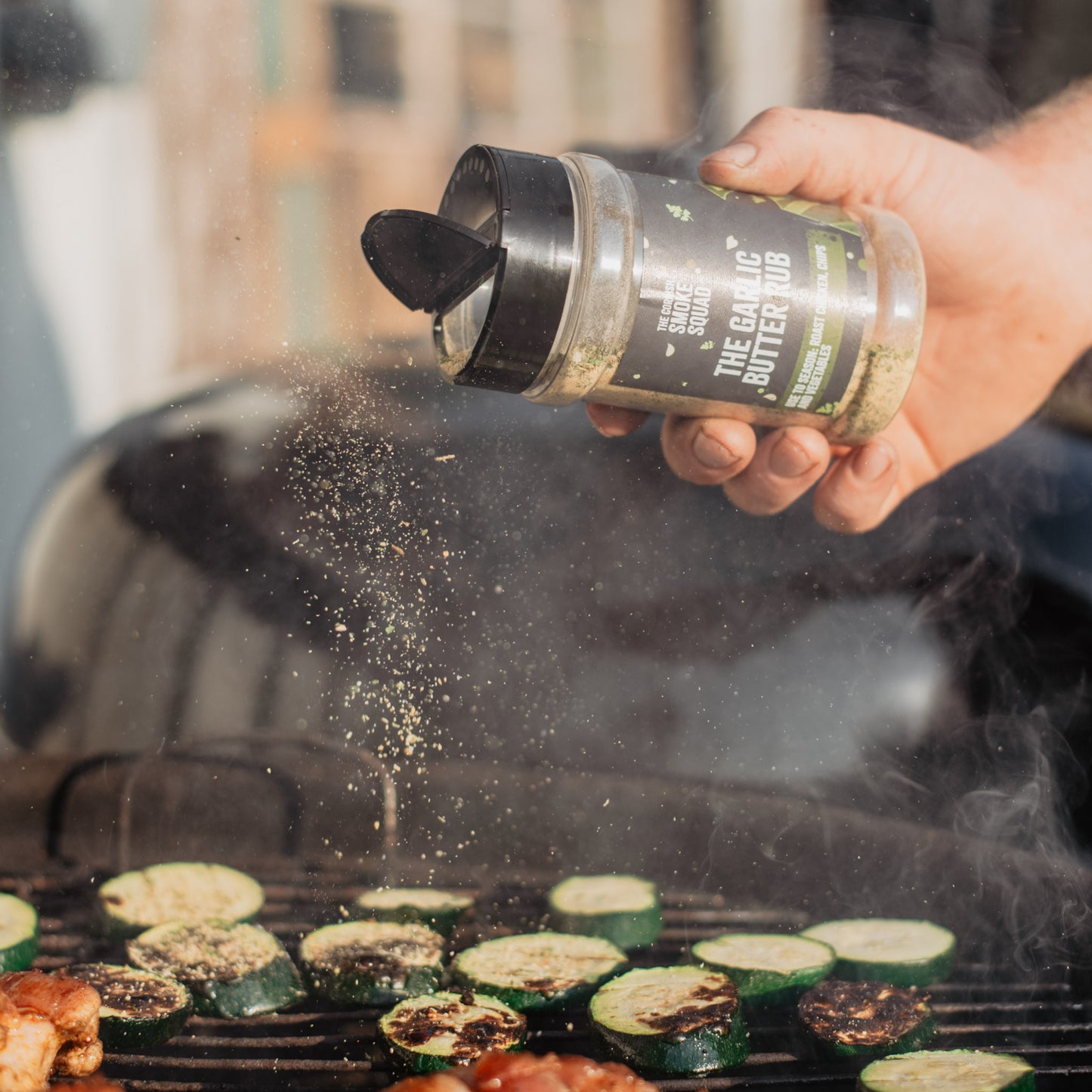 garlic butter rub is sprinkled over chargrilled vegetables