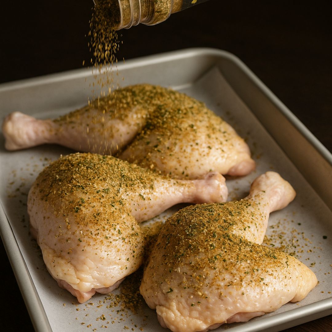 raw chicken being coated in the garlic butter rub