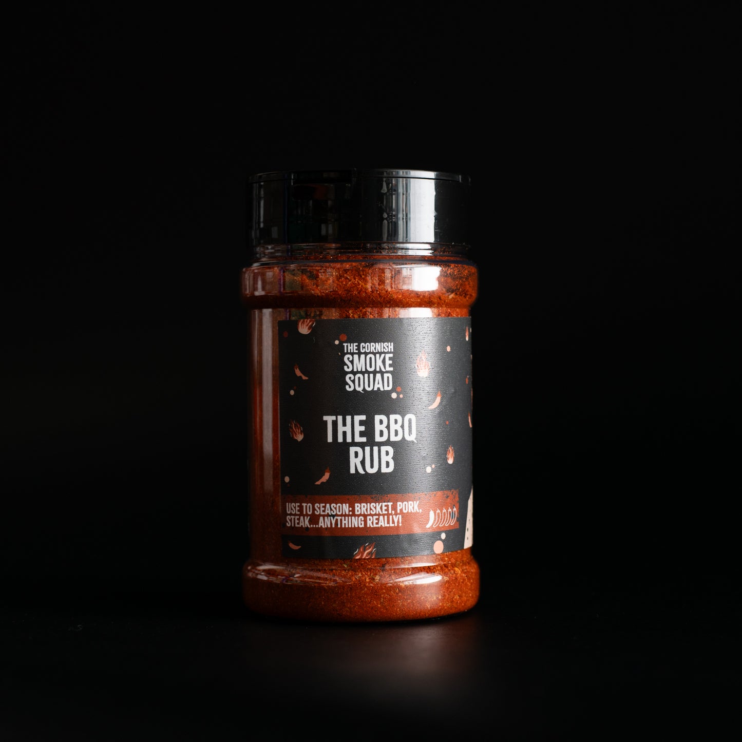 The BBQ Rub seasoning in a plastic spice jar- front side