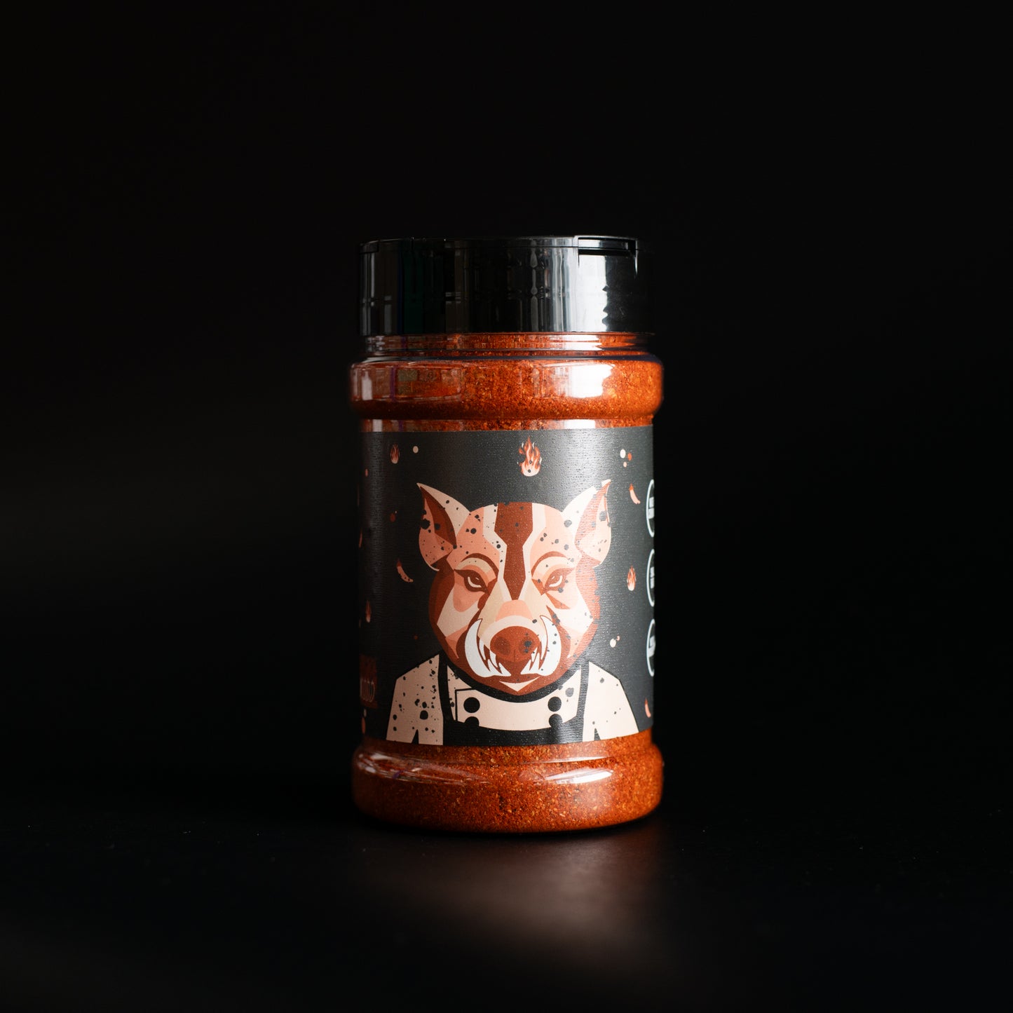 The BBQ Rub seasoning in a plastic spice jar- back side