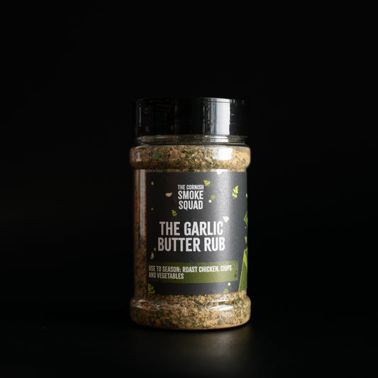 The Garlic Butter Rub Seasoning in a plastic spice jar - front side 